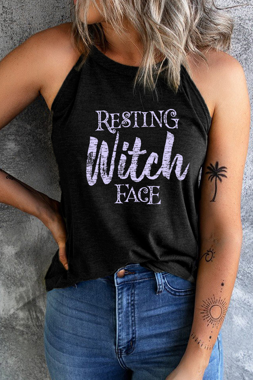 Full Size Round Neck RESTING WITCH FACE Graphic Tank Top