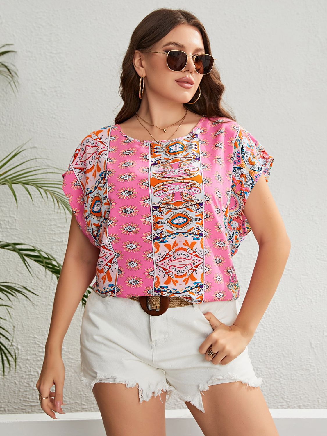 Malibu Dreams Plus Size Printed Round Neck Short Sleeve Blouse
