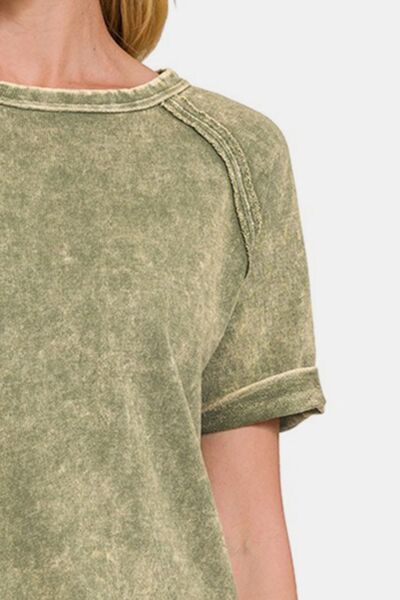 Zenana Heathered Round Neck Short Sleeve Blouse - Brand Zenana