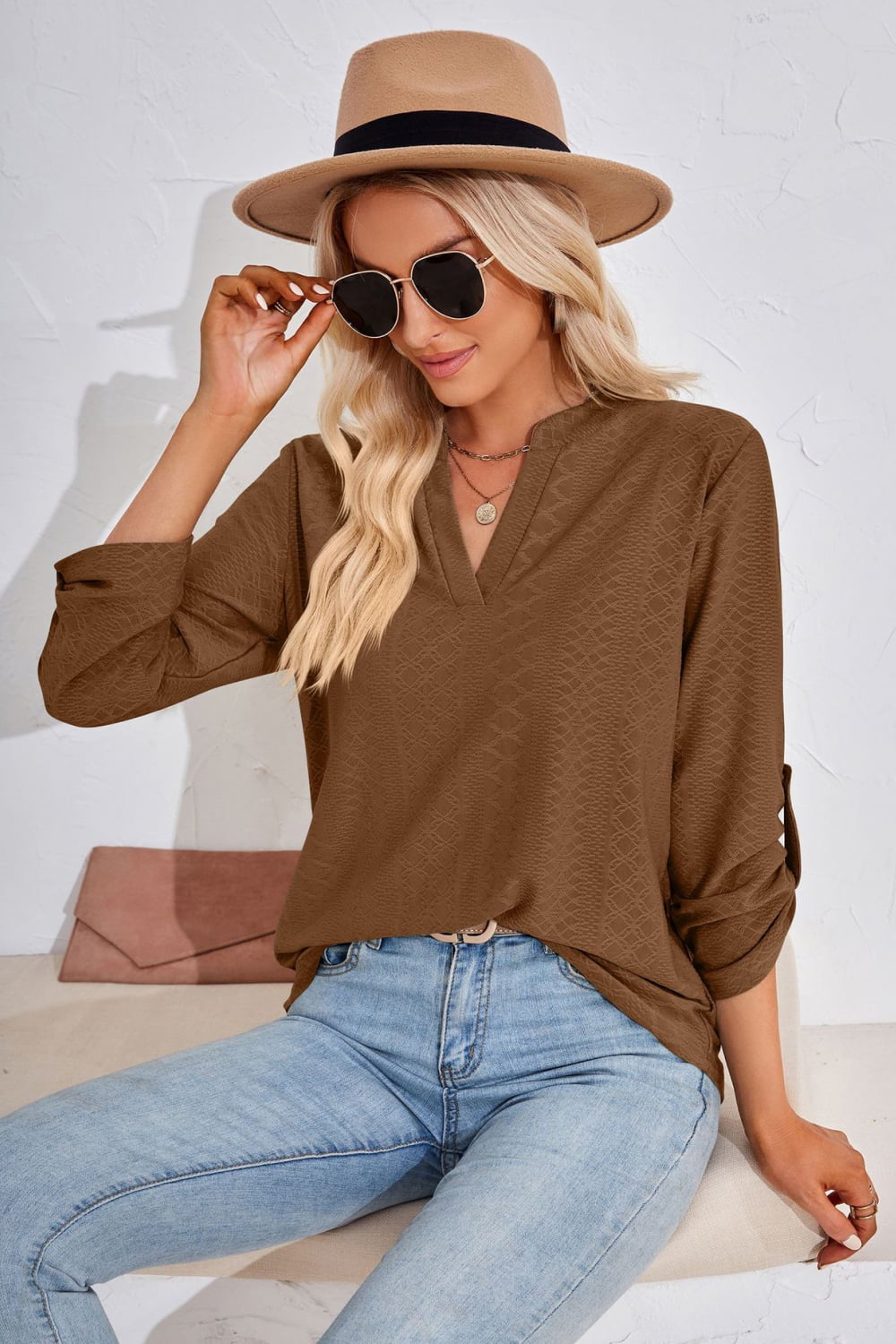 Full Size V-Neck Roll-Tap Sleeve Blouse