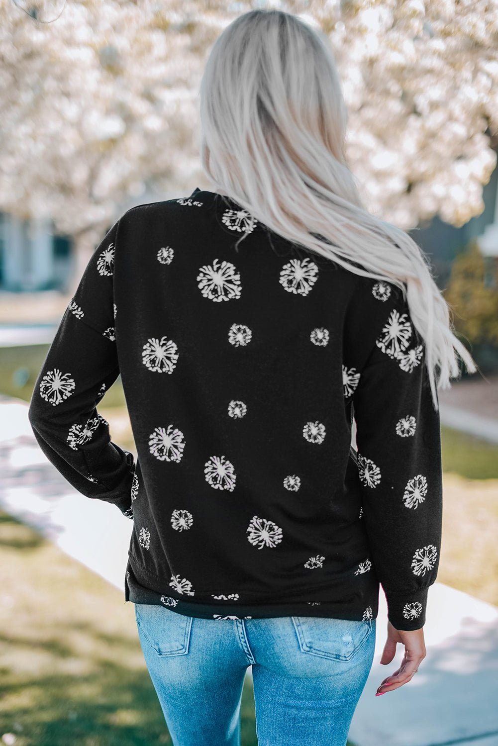 Full Size Dandelion Print Round Neck Slit Sweatshirt