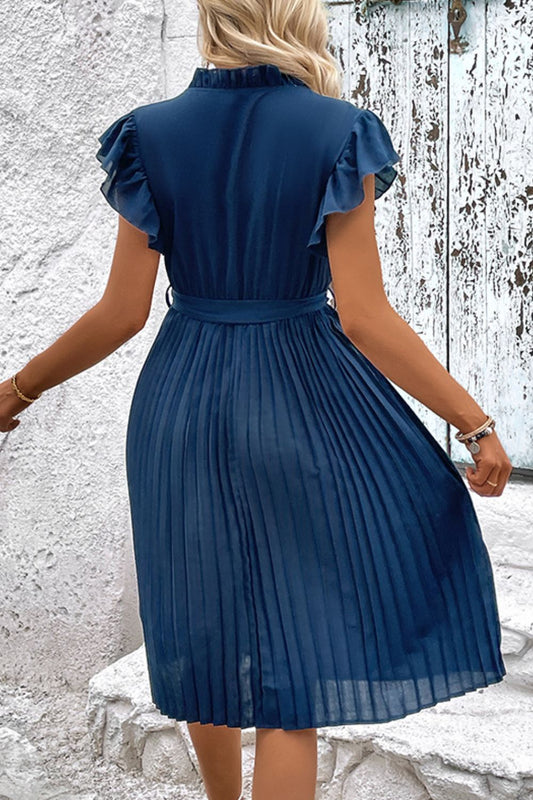 SO JAMAH Tie Neck Belted Pleated Dress