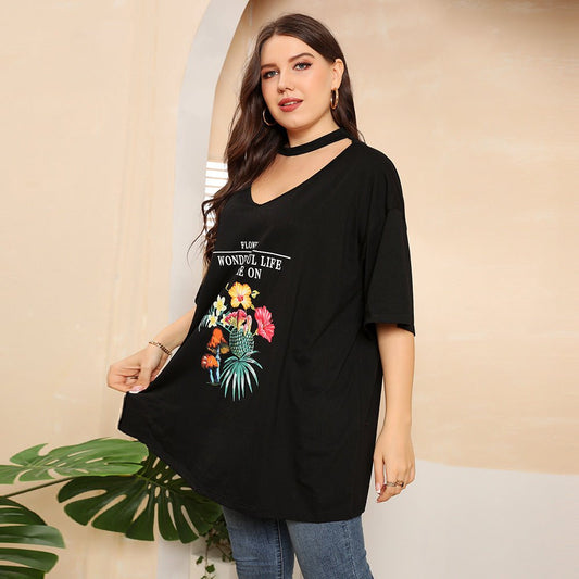 Plus Size Graphic Wonderful Life Cutout Half Sleeve Tunic Tee *