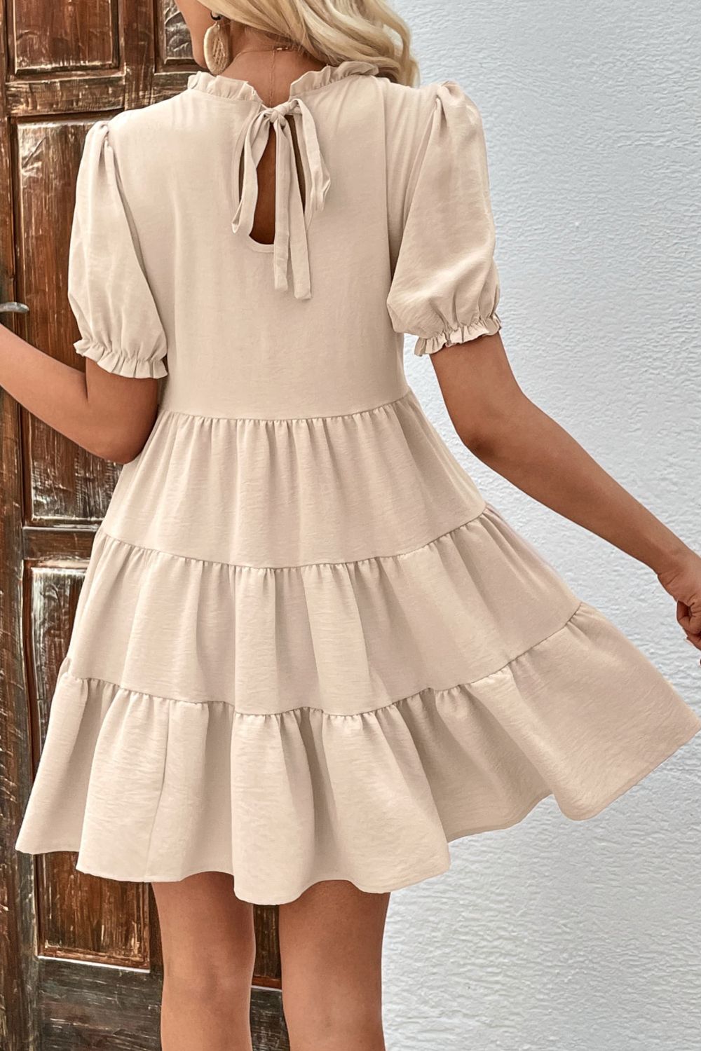 SOCHIC Puff Sleeve Tie Back Tiered Dress