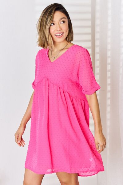 Zenana Swiss Dot Rolled Short Sleeve Babydoll Dress - Brand Zenana