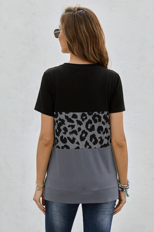 Full Size Leopard Print Color Block Short Sleeve T-Shirt