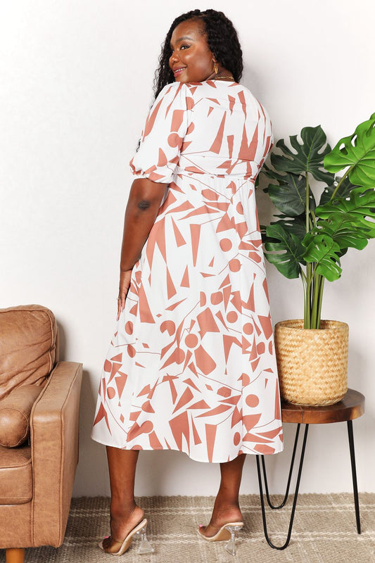 Double Take Camel Printed Surplice Balloon Sleeve Dress