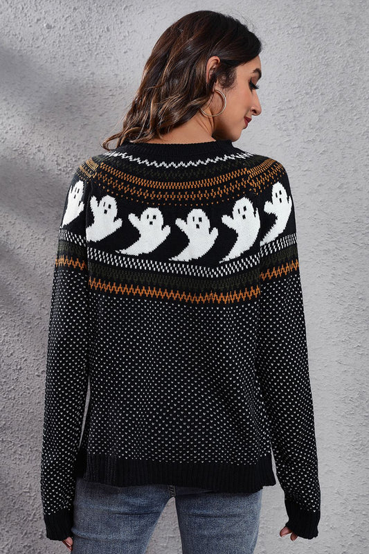 Full Size Ghost Pattern Round Neck Long Sleeve Sweater