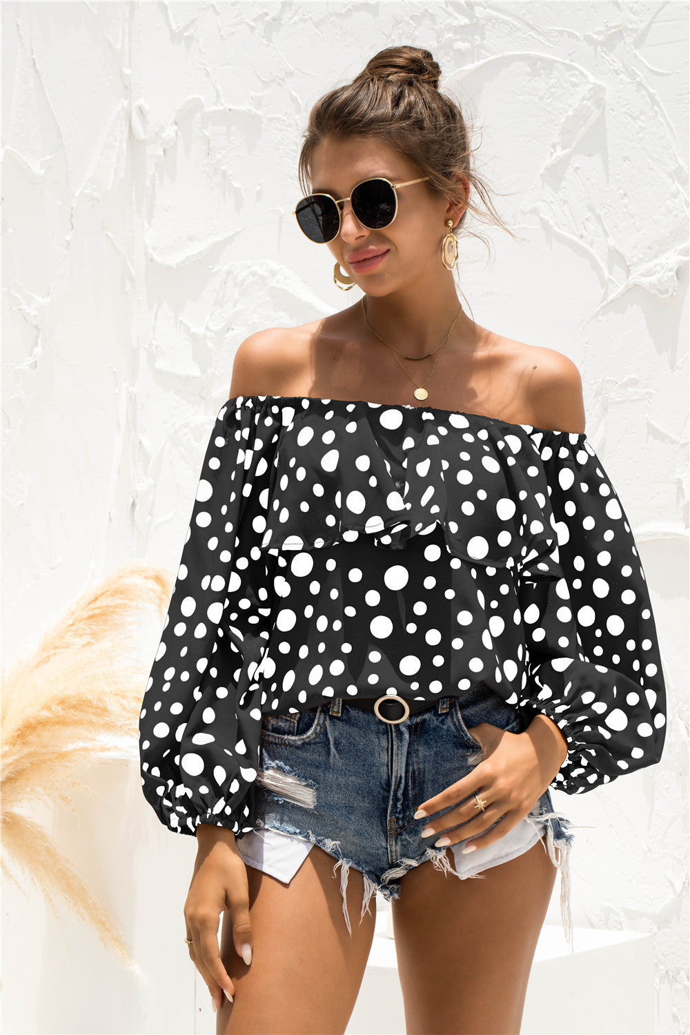 Adelisa & Yehn Polka Dot Off-Shoulder Layered Blouse
