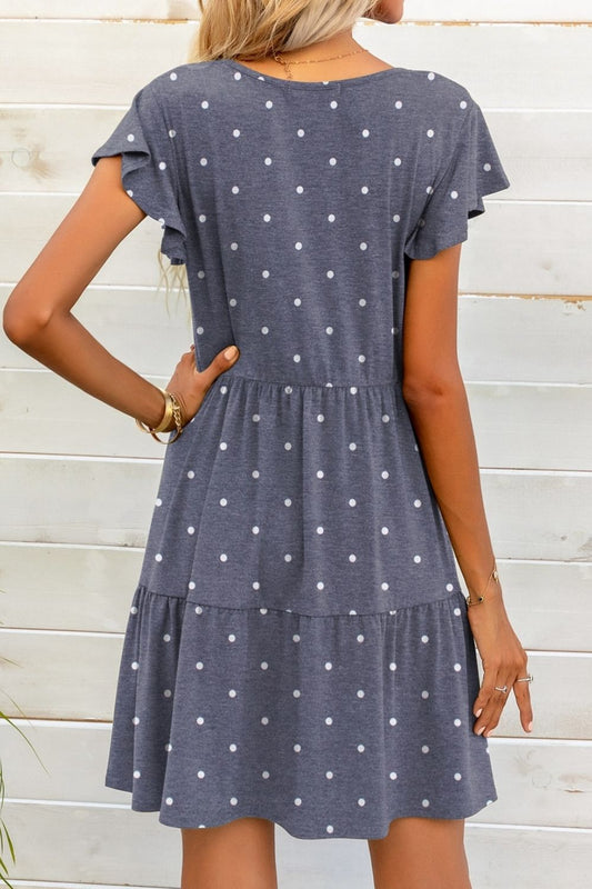 Full Size Polka Dot V-Neck Flutter Sleeve Mini Dress