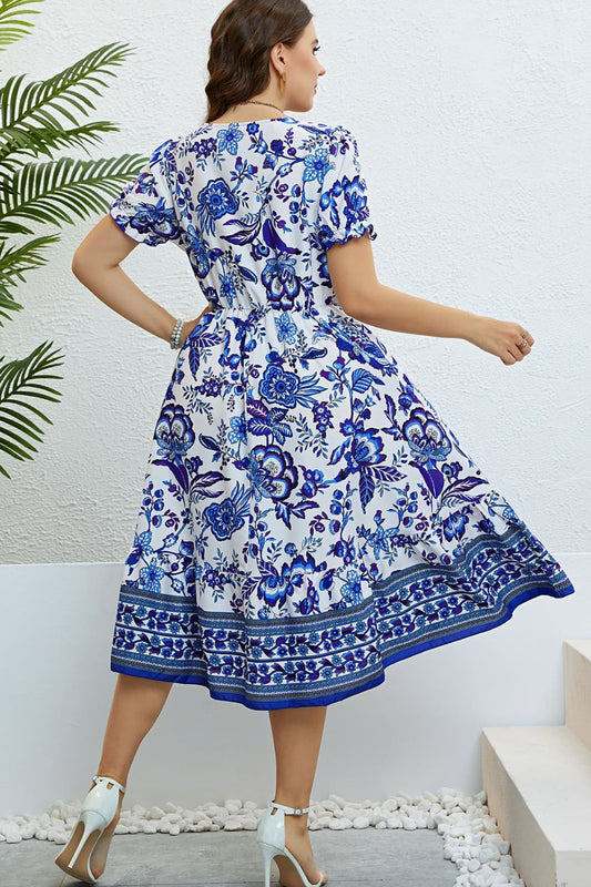 Plus Size Floral Flounce Sleeve Surplice Dress
