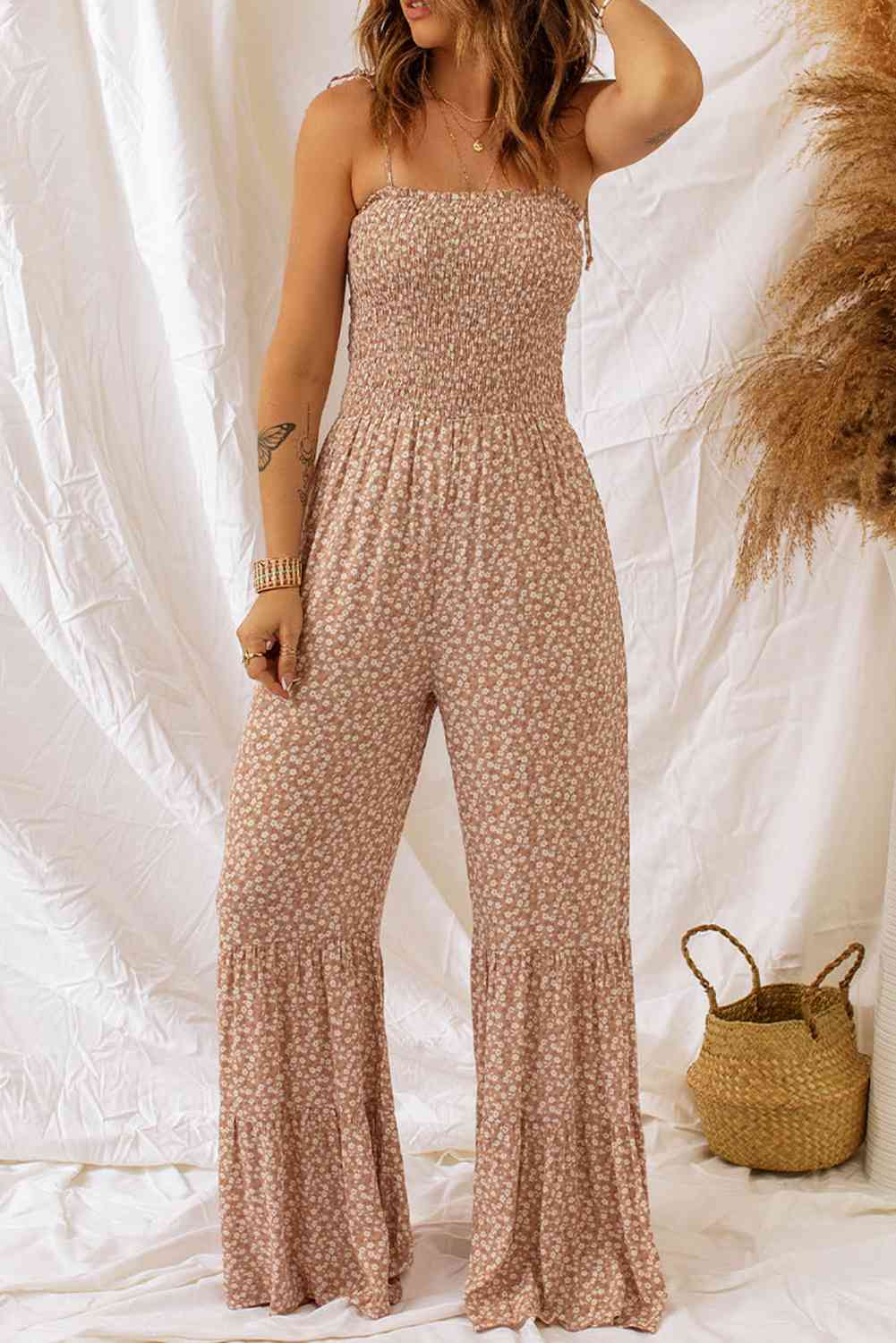 Camel Brown Floral Spaghetti Strap Smocked Wide Leg Jumpsuit