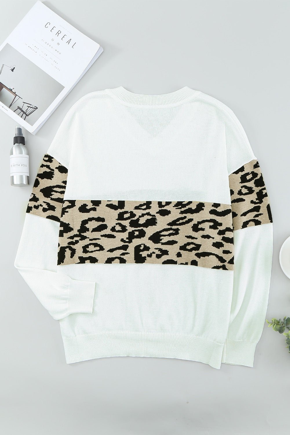 Chicie Leopard Drop Shoulder V-Neck Knit Top *