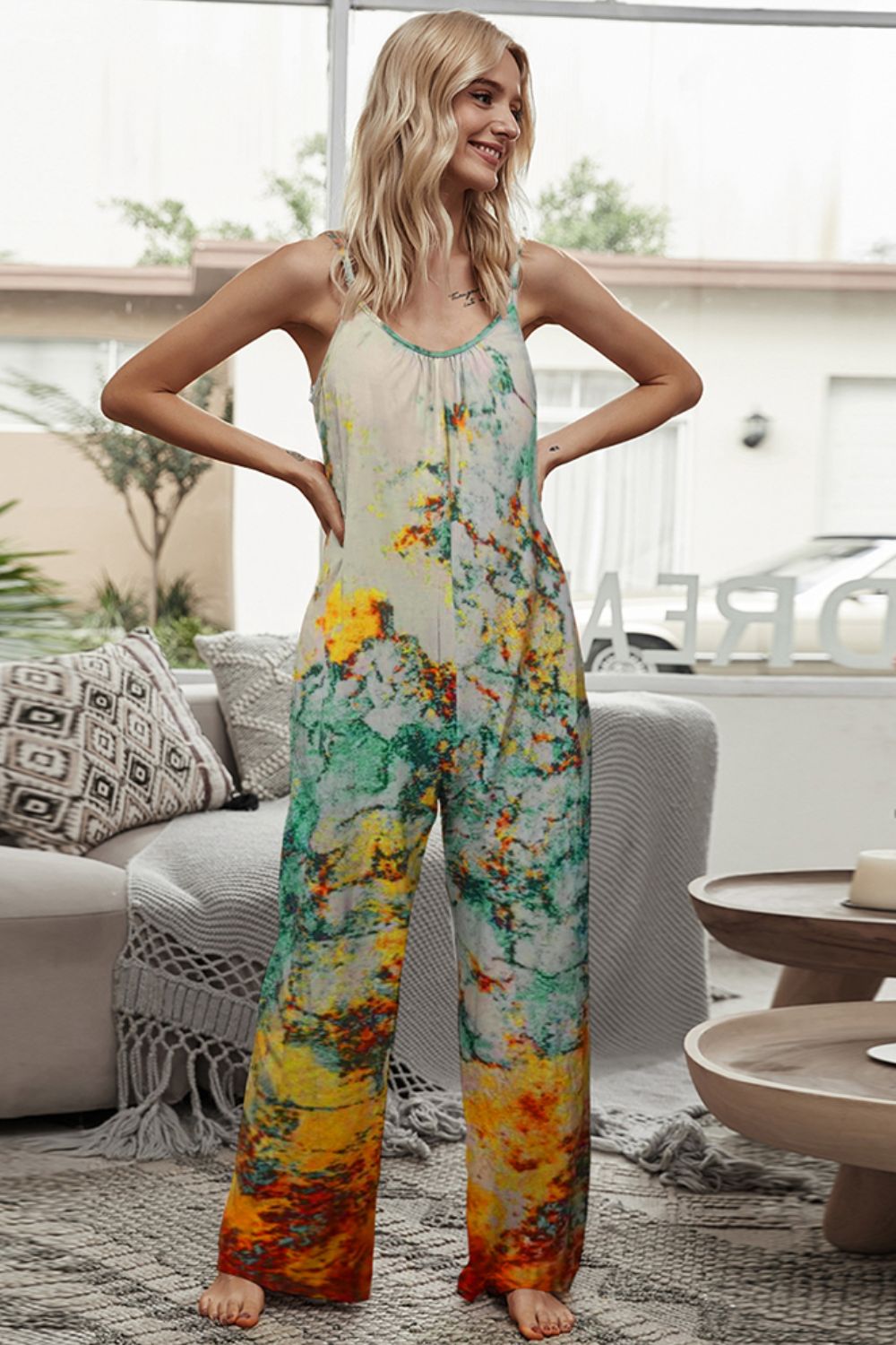 Women's Full Size AVA Tie-Dye Spaghetti Strap Jumpsuit with Pockets
