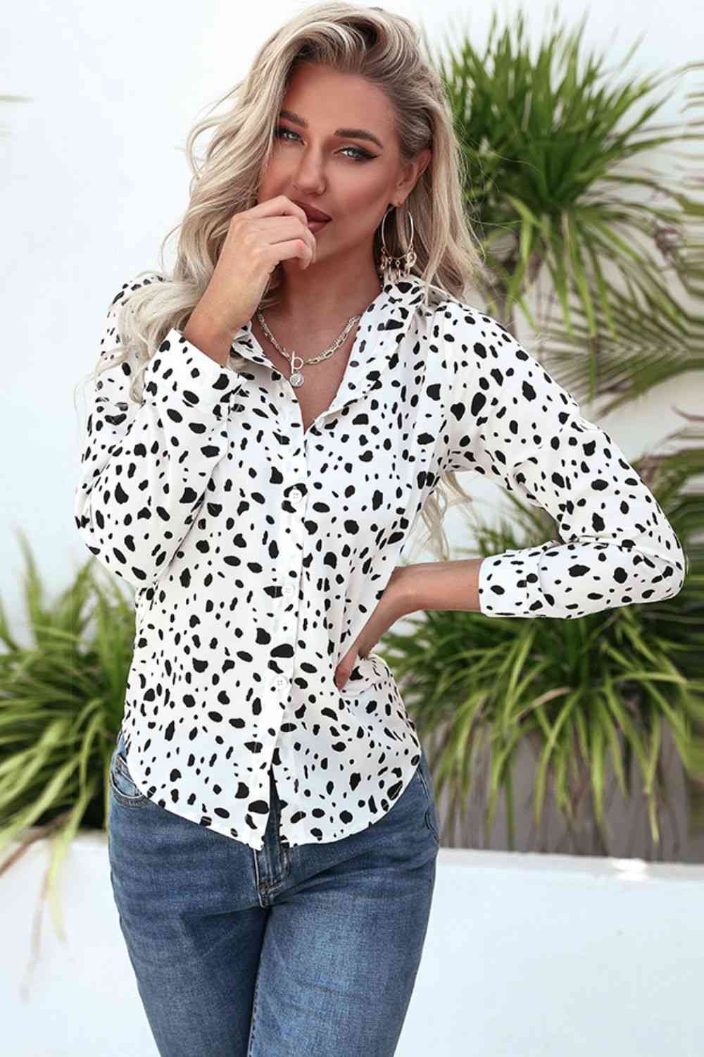 White Animal Print Curved Hem Button-Up Shirt