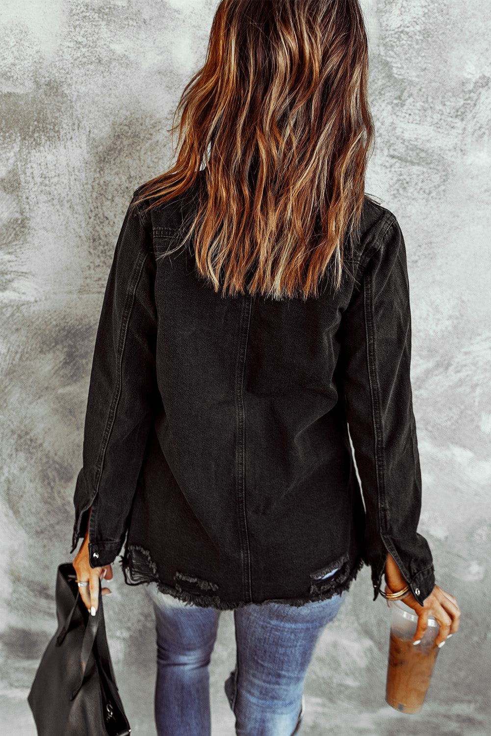 Women's Full Size Distressed Snap Down Denim Jacket