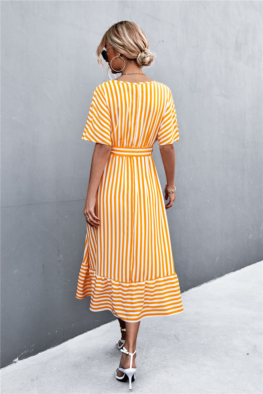 Short Sleeved Striped Tie Belt Casual Midi Dress