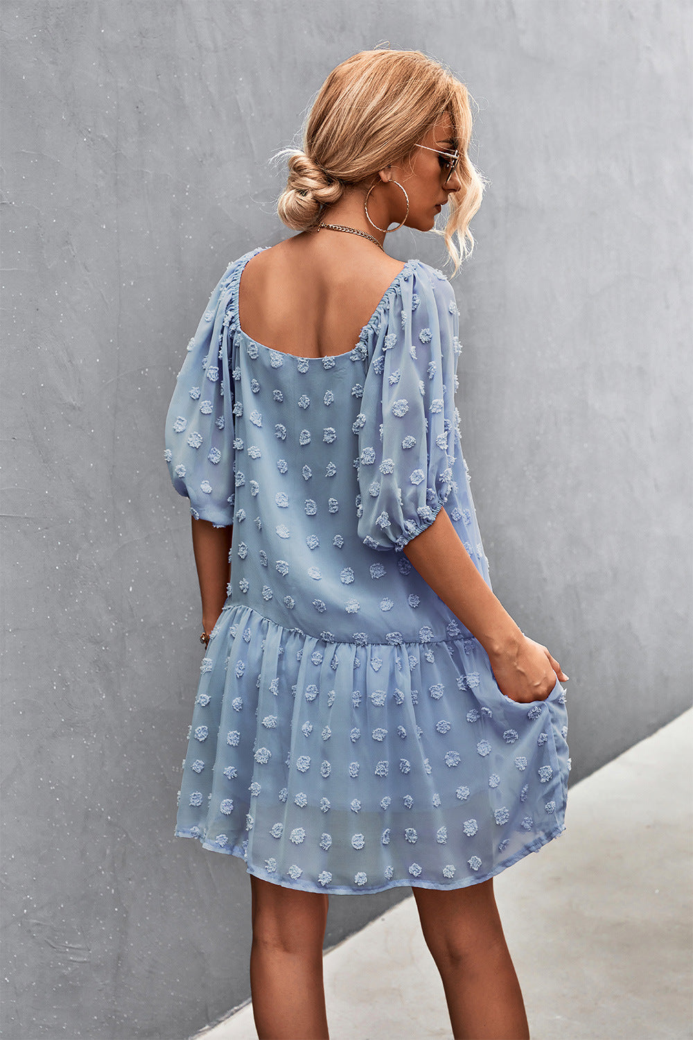 Women's Swiss Dot Square Neck Half Balloon Sleeve Dress