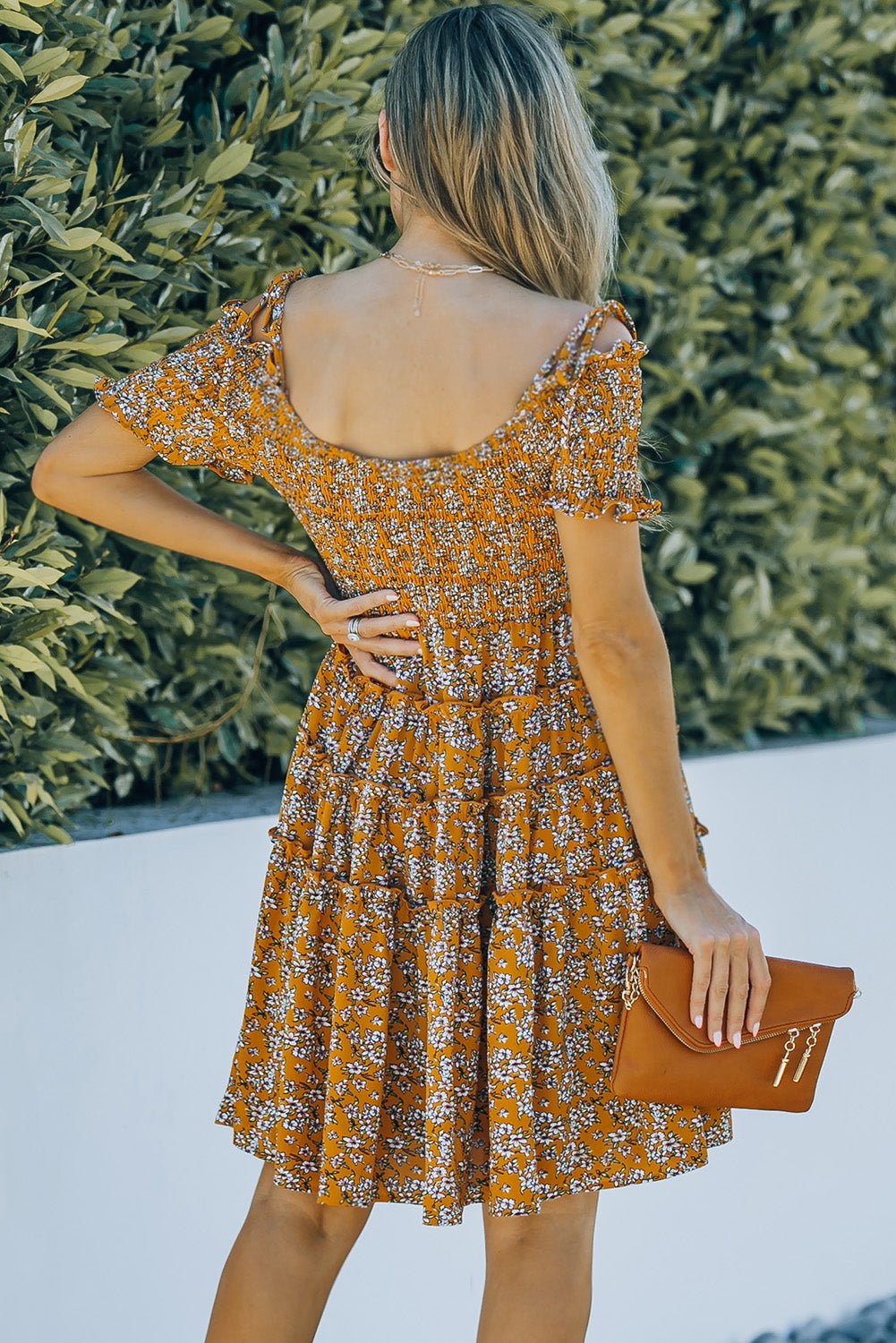 Floral Ochre Tiered Frill Trim Smocked Dress *