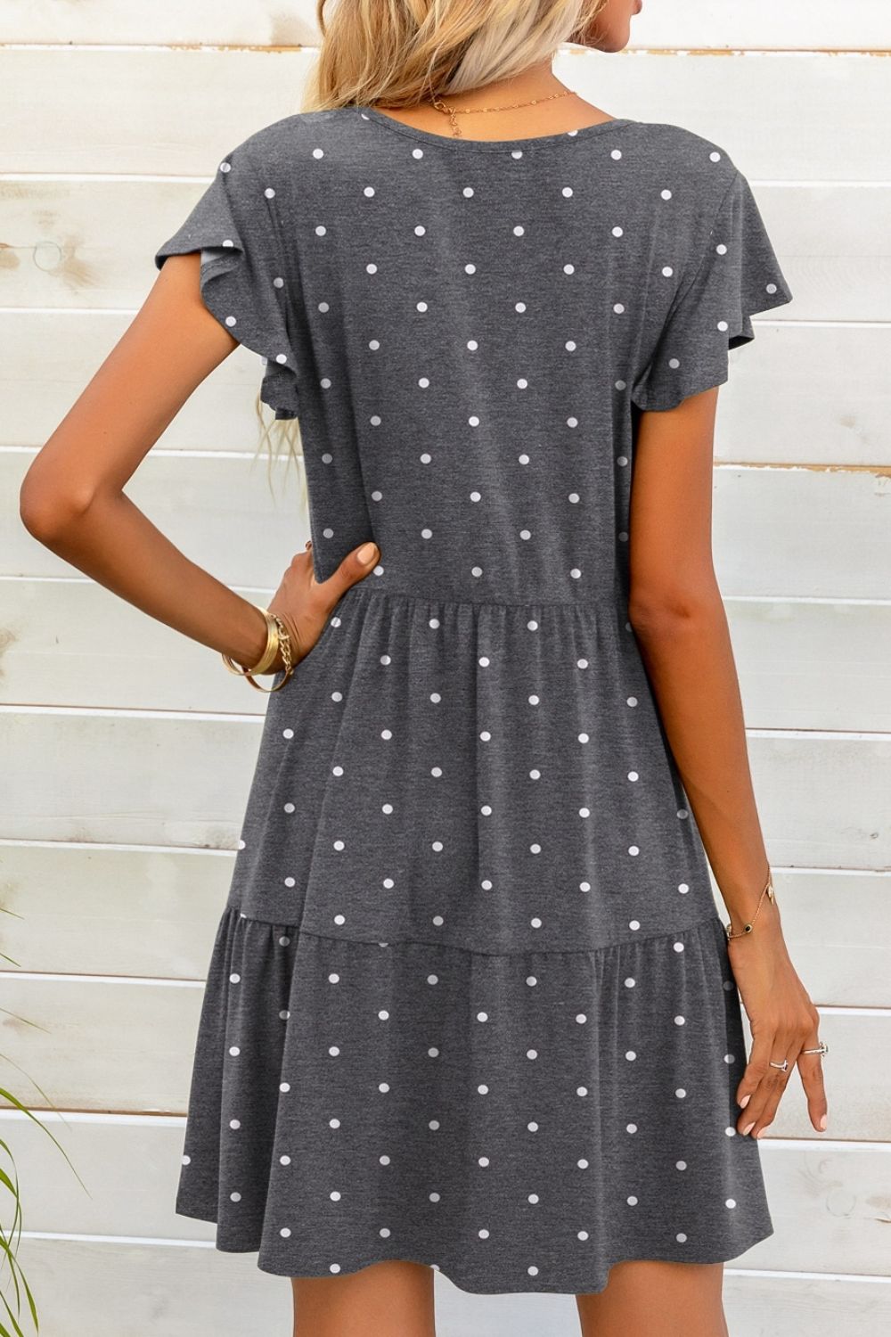 Full Size Polka Dot V-Neck Flutter Sleeve Mini Dress