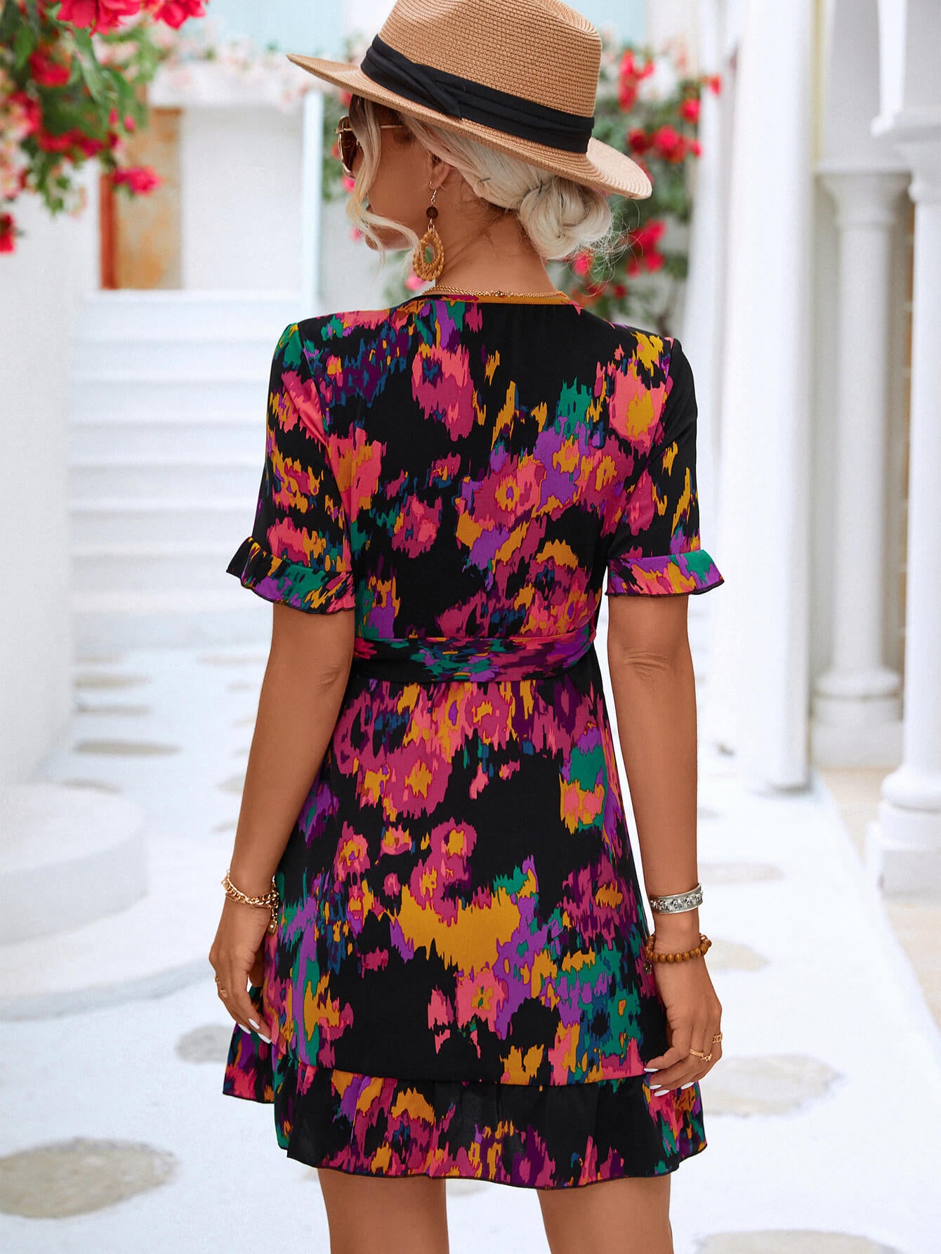 Women's Printed Flounce Sleeve Tied Dress
