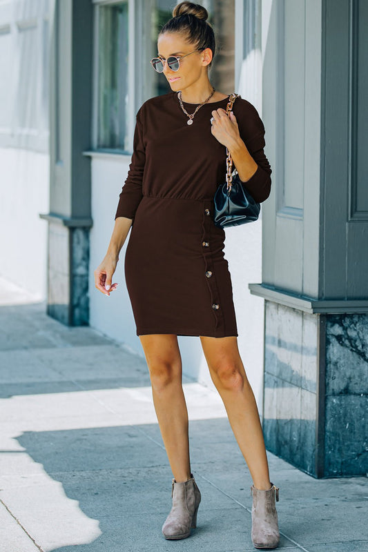 Chloe Dropped Shoulder Button Trim Mini Dress *