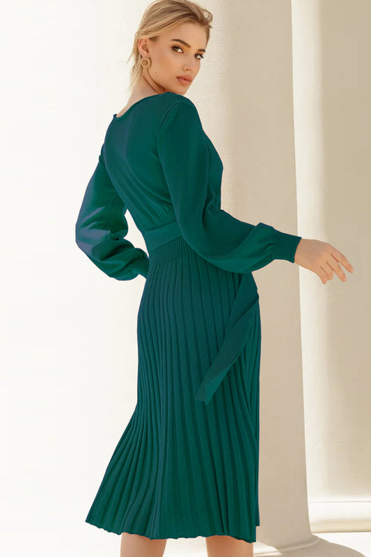 Full Size Round Neck Long Sleeve Pleated Sweater Dress