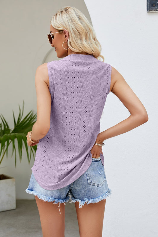 Full Size Notched Neck Full Size Curved Hem Eyelet Tank