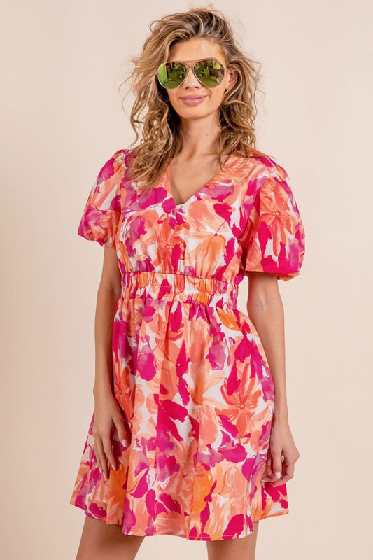 BiBi Floral V-Neck Puff Sleeve Mini Dress - Brand BiBi