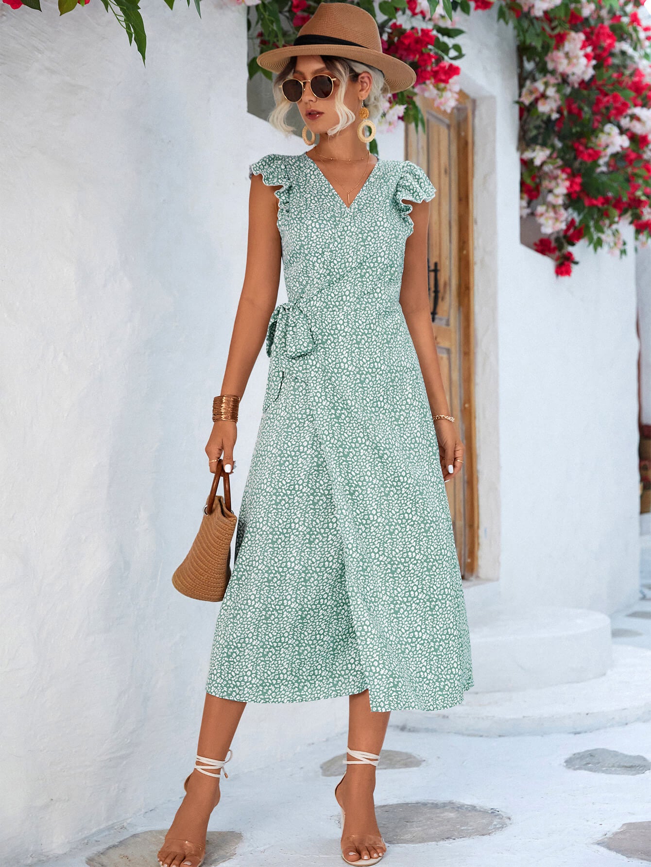 Women's Printed Tied Flutter Sleeve Dress