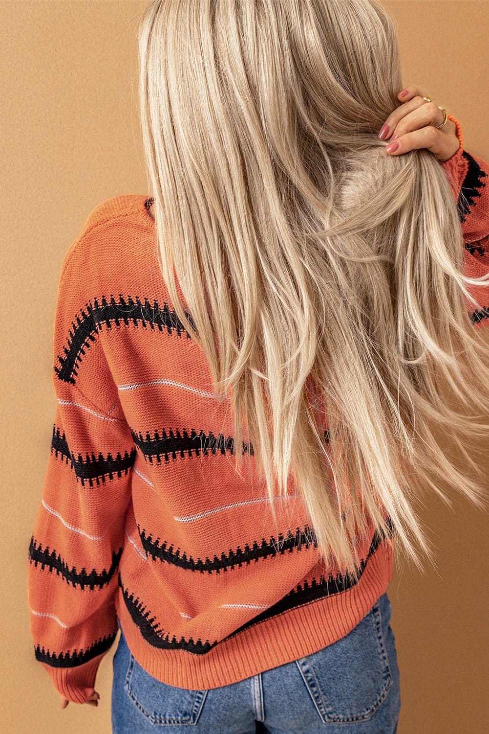 Full Size Striped Drop Shoulder Ribbed Cuff Sweater