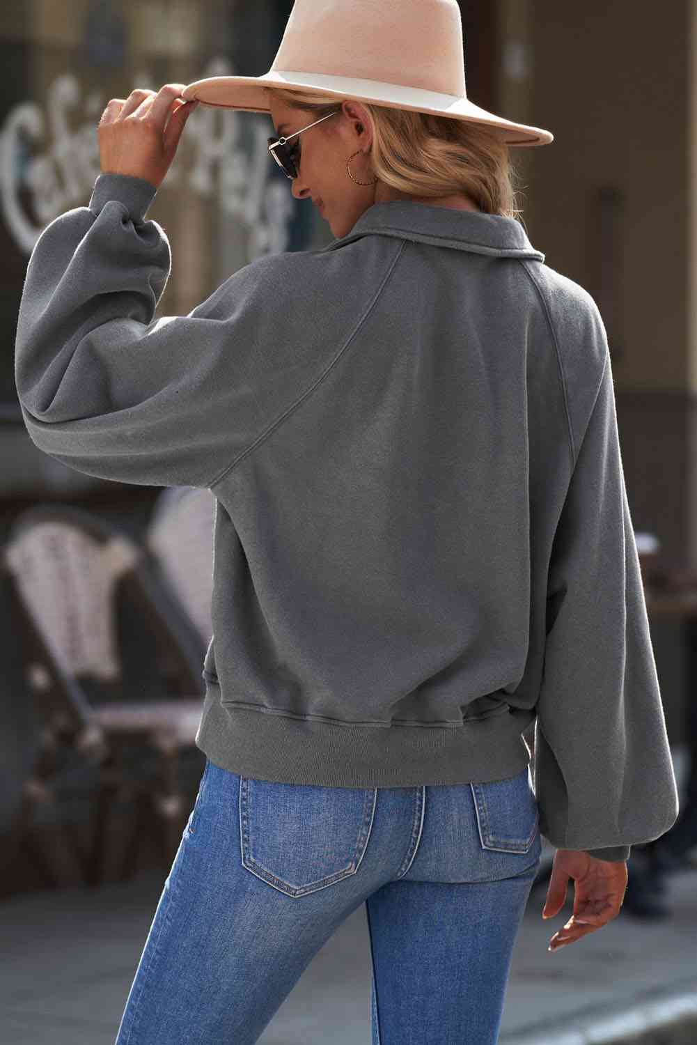 Full Size Quarter-Snap Collared Lantern Sleeve Sweatshirt