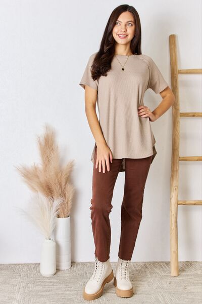 Zenana Baby Waffle Light Mocha Short Sleeve Slit High-Low T-Shirt - Brand Zenana
