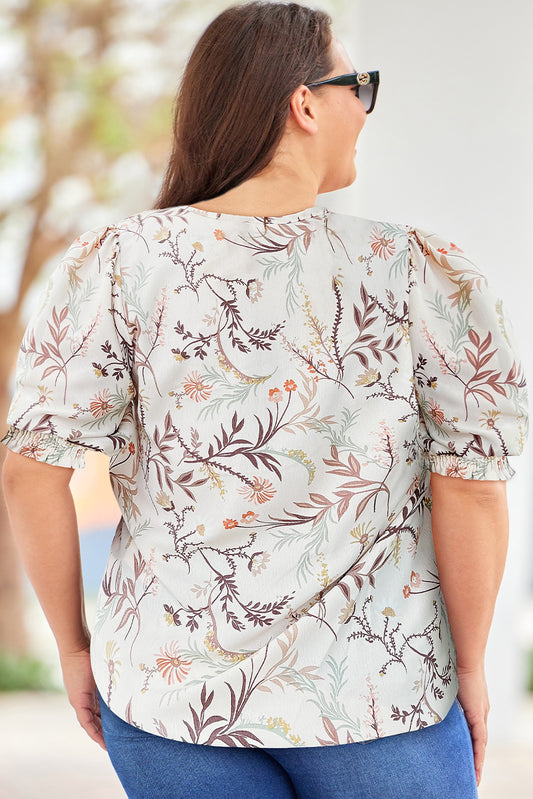 Women's Plus Size Floral Fuff-Short Sleeve Top