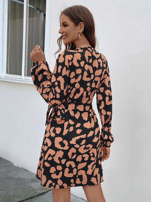 OhSoMini Caramel Brown Printed Surplice Long Sleeve Dress