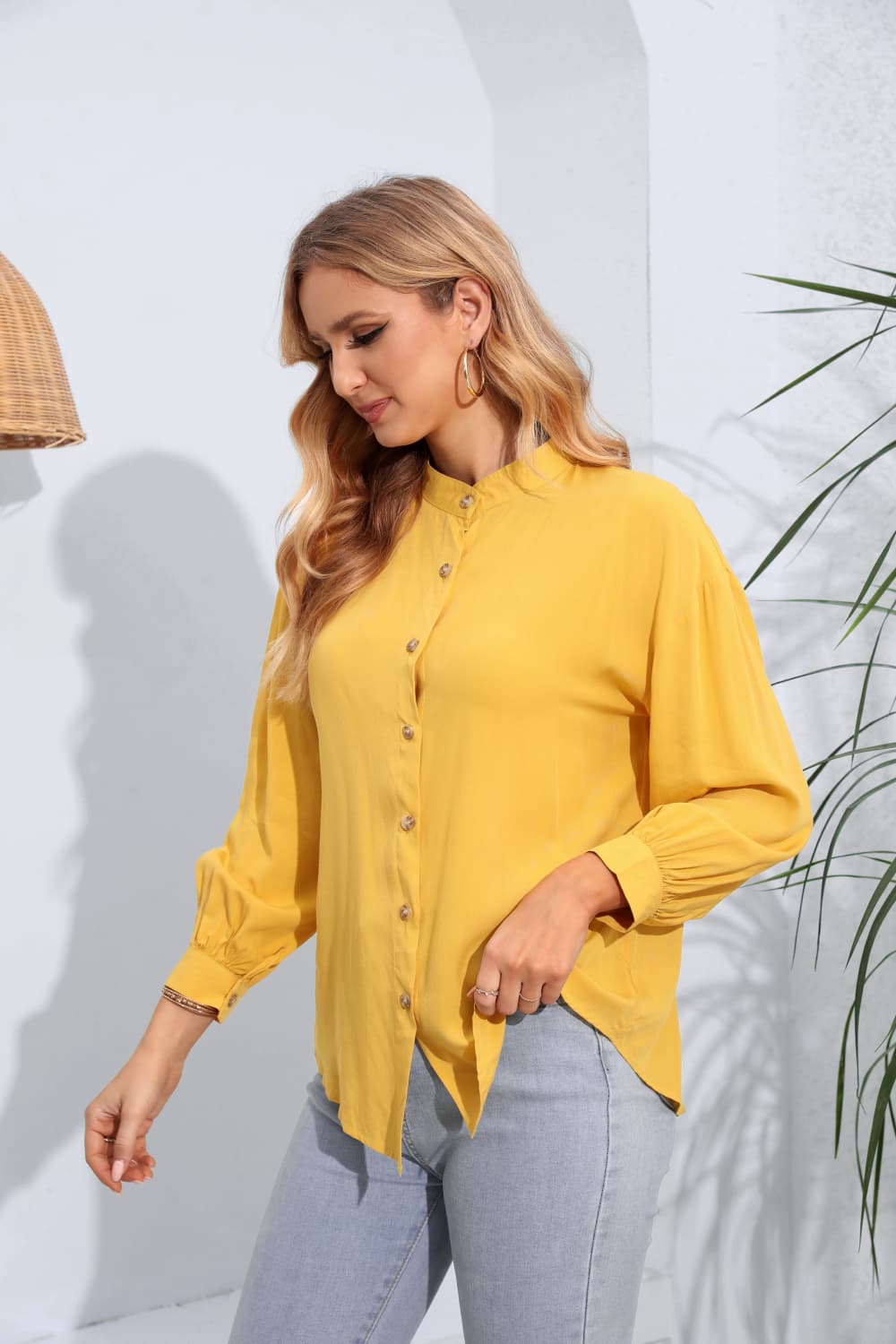 Malibu Dreams Mock Neck Buttoned Long Sleeve Shirt