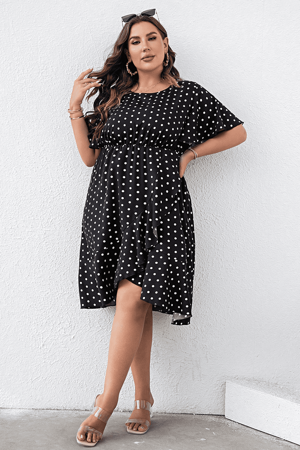 Aaliyah Isla Plus Size Polka Dot Flutter Sleeve Dress