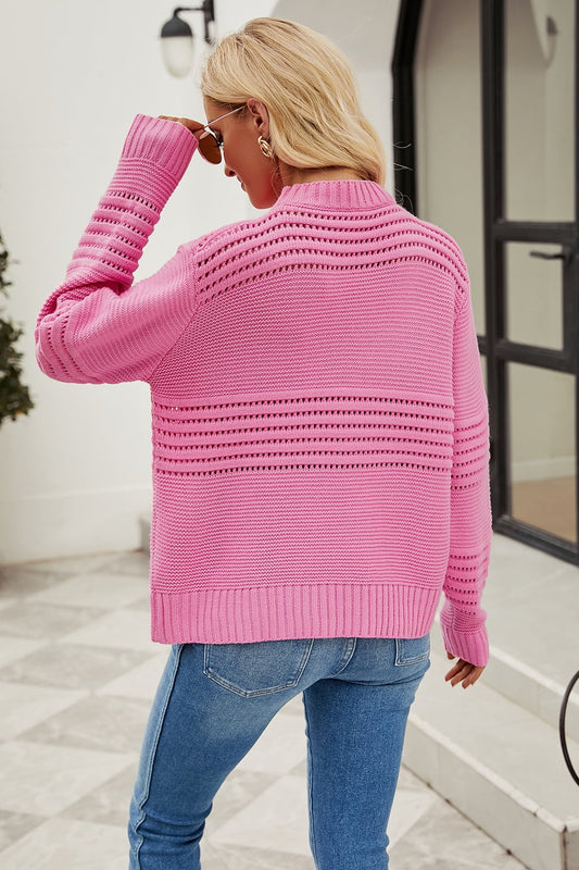 Malibu Dreams Round Neck Openwork Long Sleeve Pullover Sweater