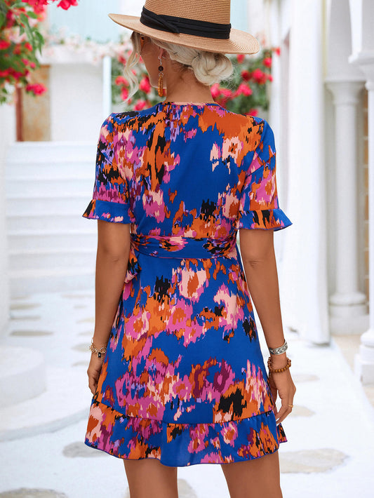 Women's Printed Flounce Sleeve Tied Dress