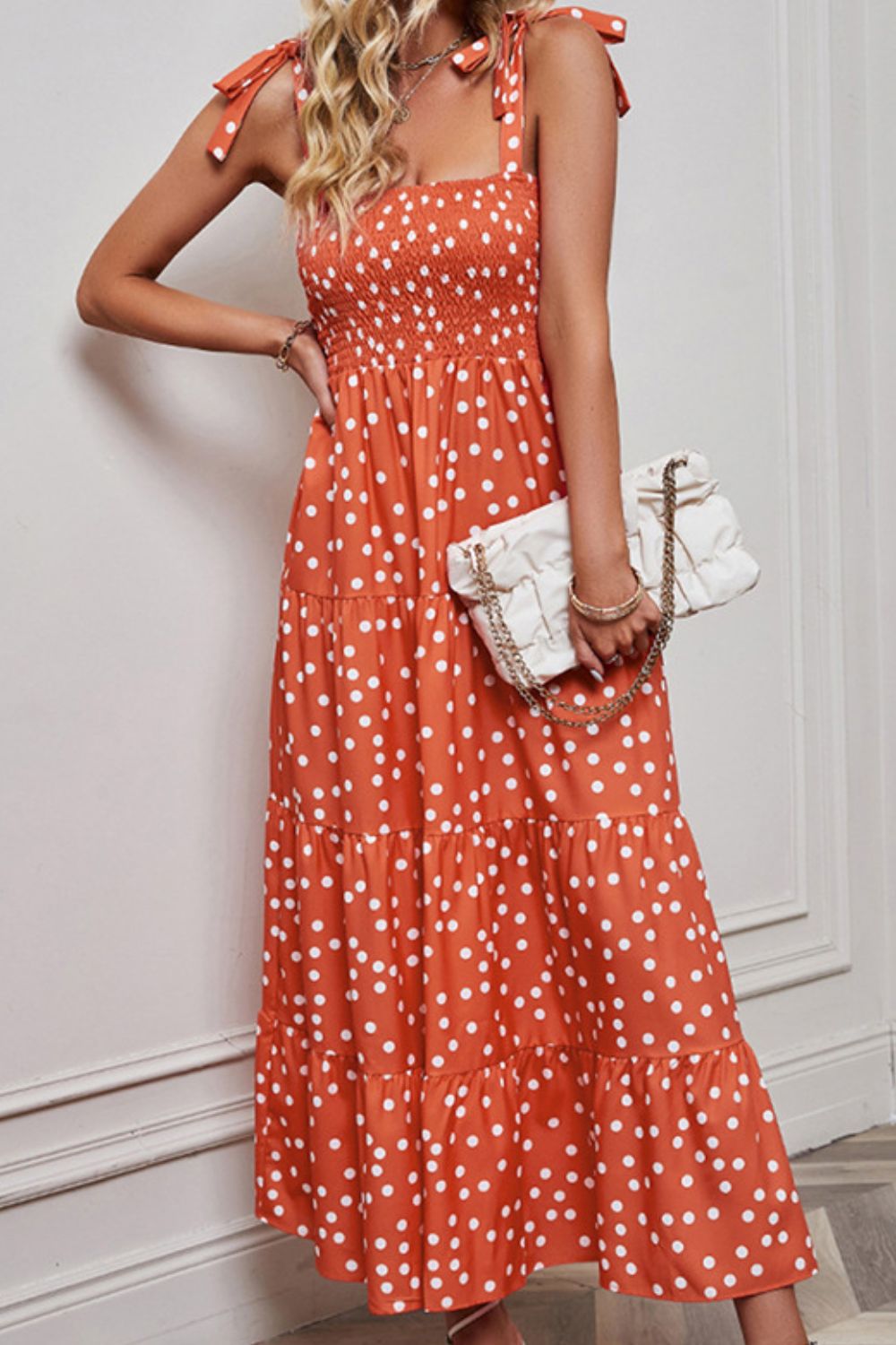 Women's Polka Dot Smocked Tiered Sleeveless Dress