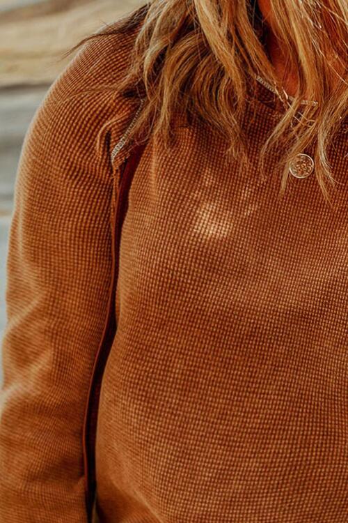 Plus Size Caramel Brown Waffle-Knit Round Neck Long Sleeve Blouse