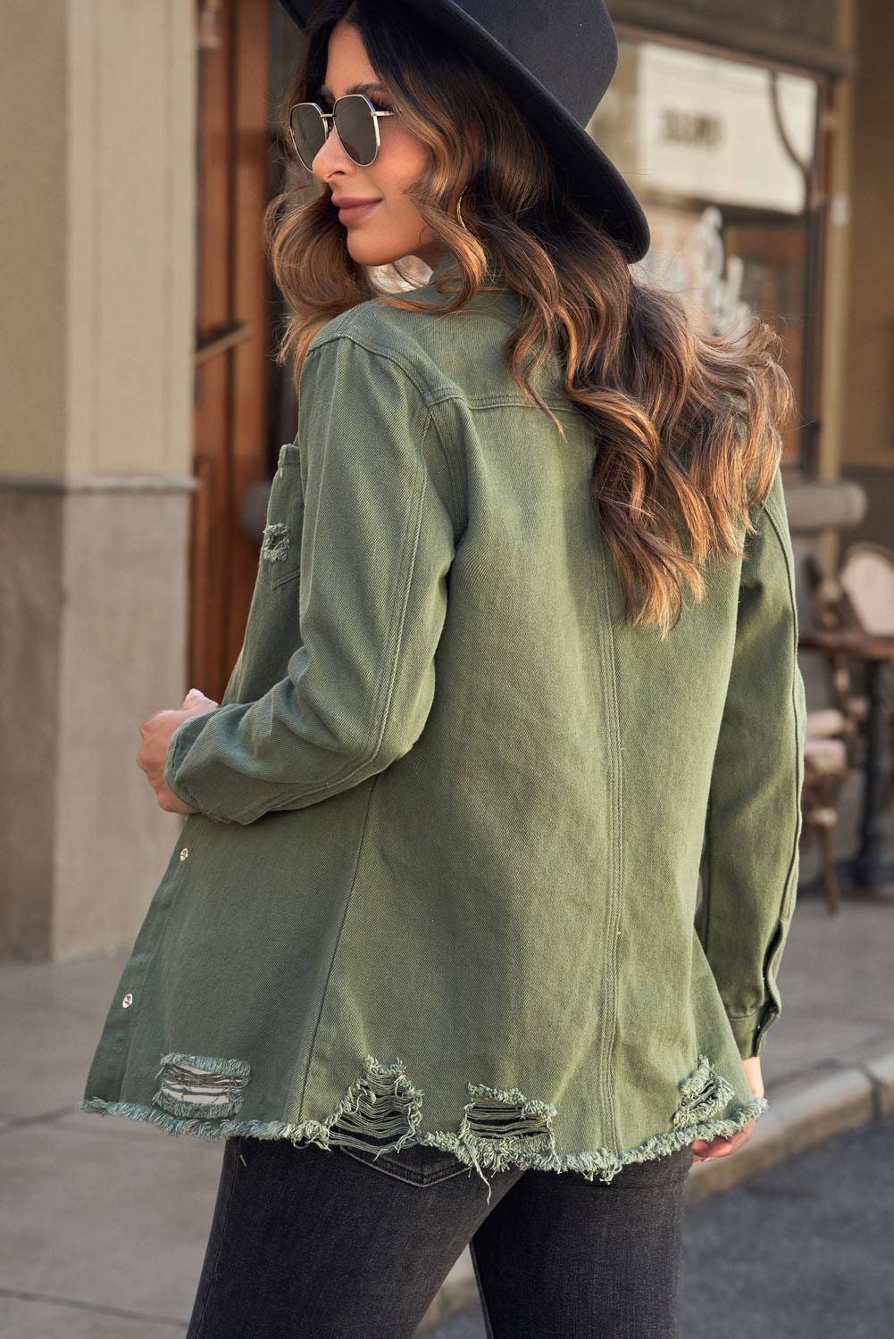 Women's Full Size Distressed Snap Down Denim Jacket