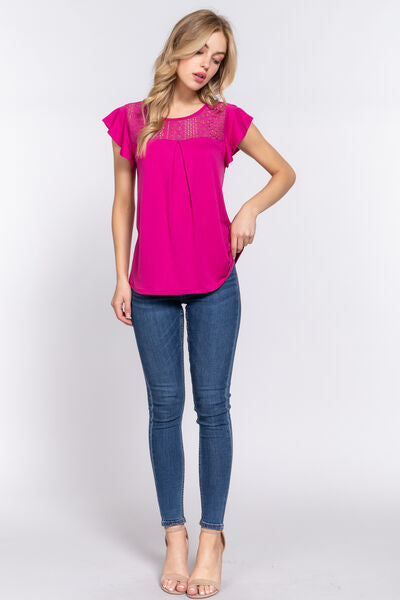 ACTIVE BASIC Ruffle Short Sleeve Lace Detail Knit Top *