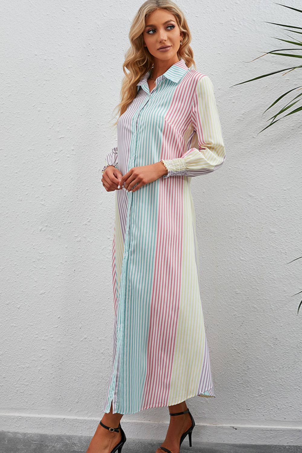 Full Size Rainbow Stripe Button-Up Maxi Shirt Dress
