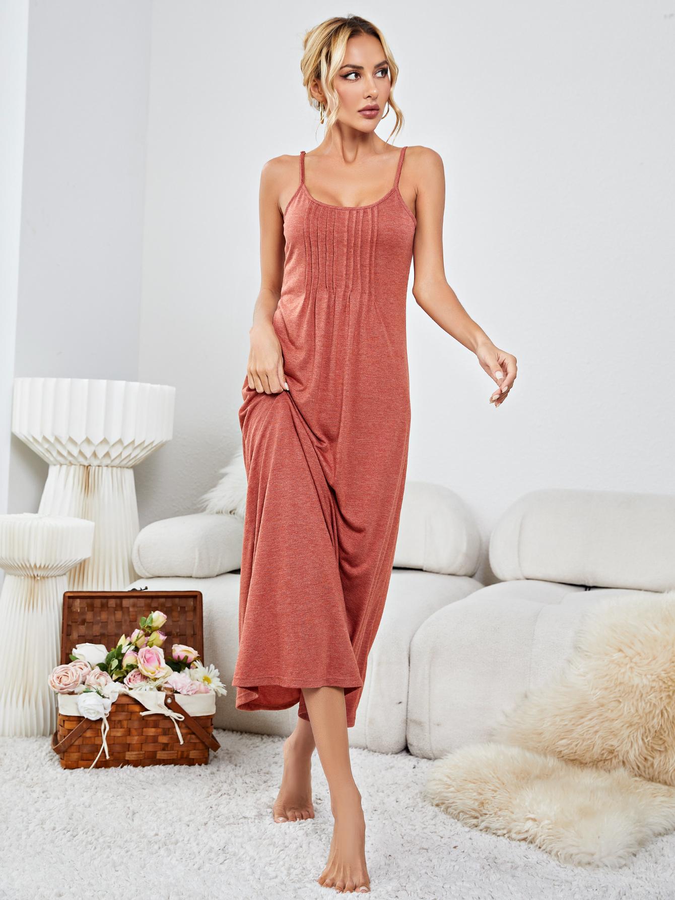 Brick Red Scoop Neck Spaghetti Strap Night Dress