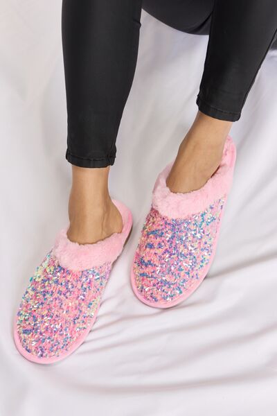Forever Link Pink Sequin Plush Round Toe Slippers