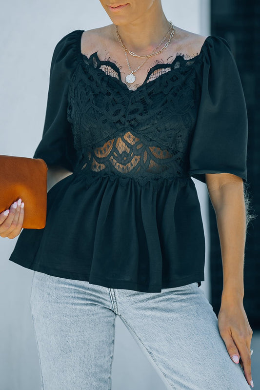 Full Size Black Lace Smocked Puff Sleeve Peplum Top *