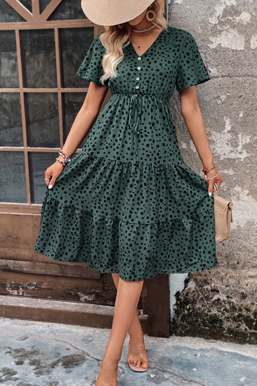 HANNAH Printed Buttoned V-Neck Flutter Sleeve Dress