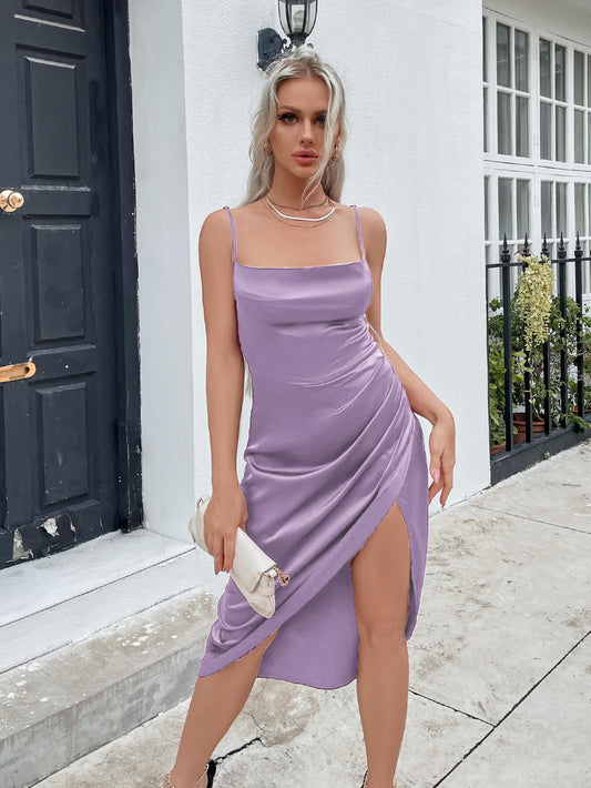 EillyBazar Spaghetti Strap Ruched Split Midi Dress