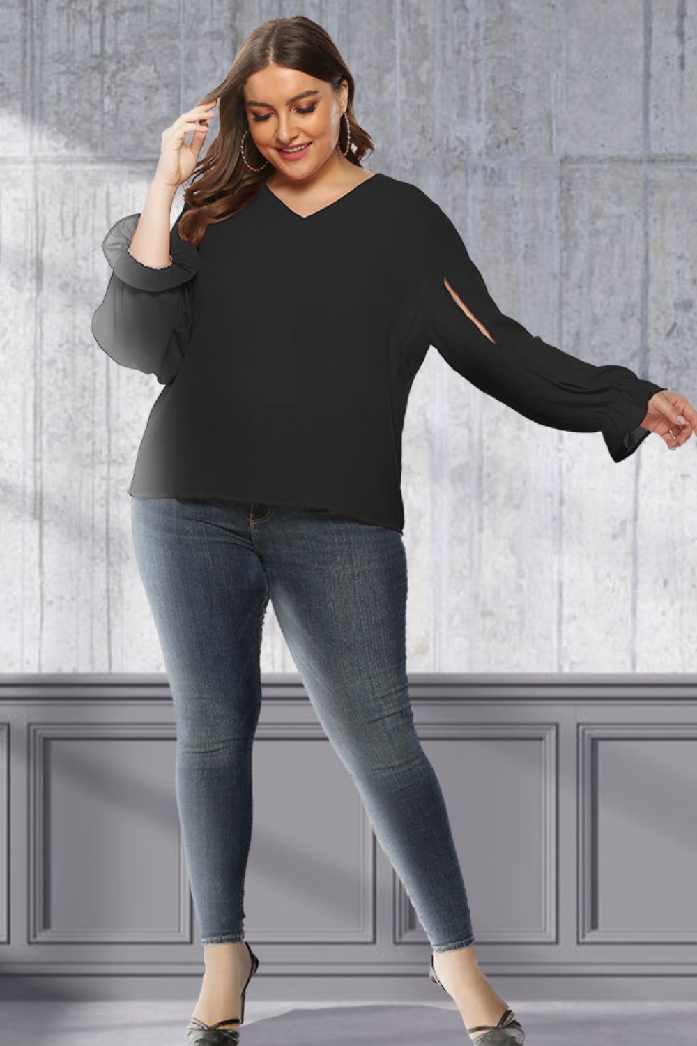 Women's Plus Size Cutout Flounce Sleeve Blouse